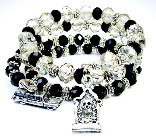 Tombstone skull and Hearse crystal wrap 2pc bracelet Horror - Spellbound
