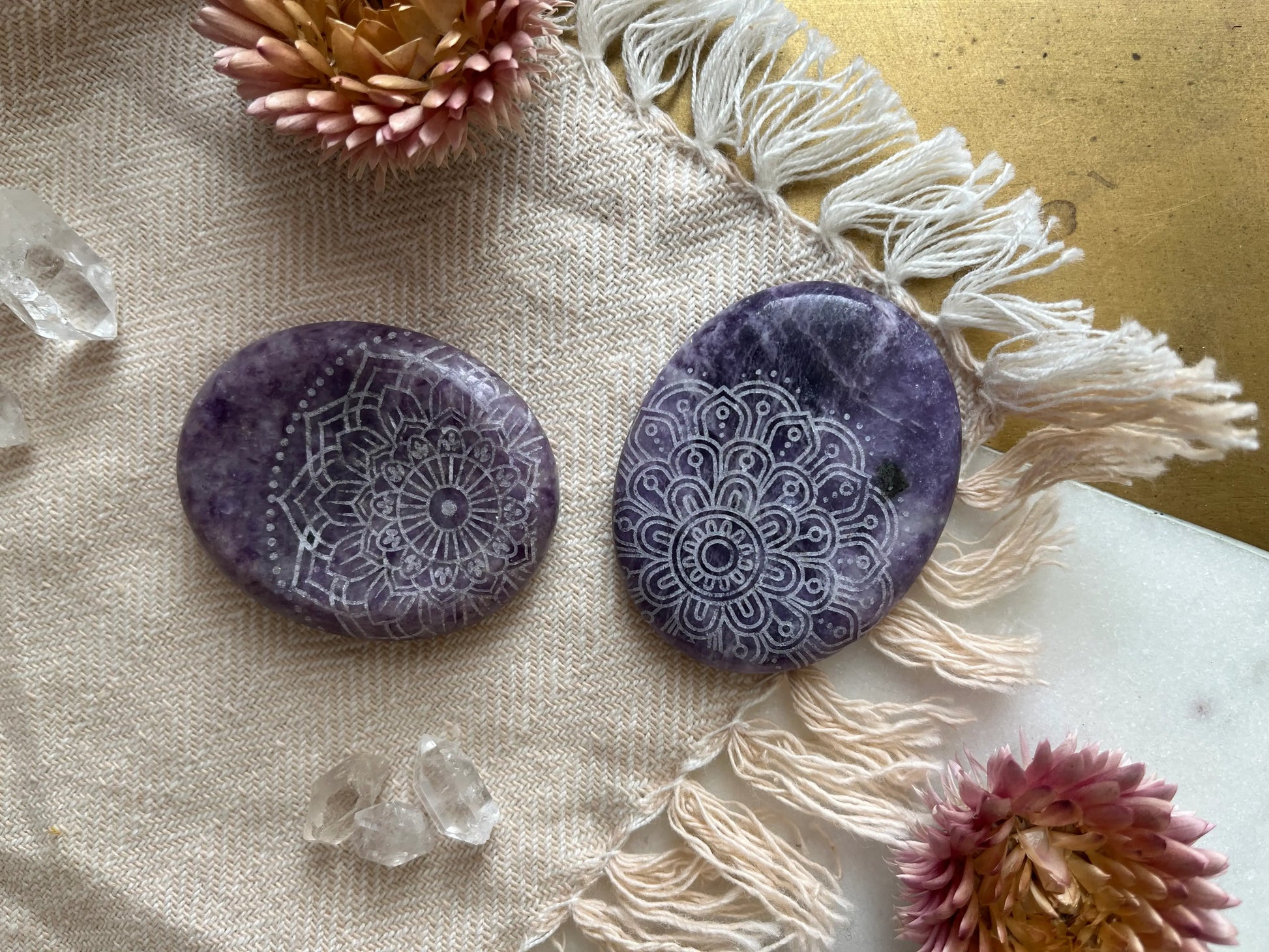 Etched Lepidolite Worry Stone - Assorted Mandalas - Spellbound