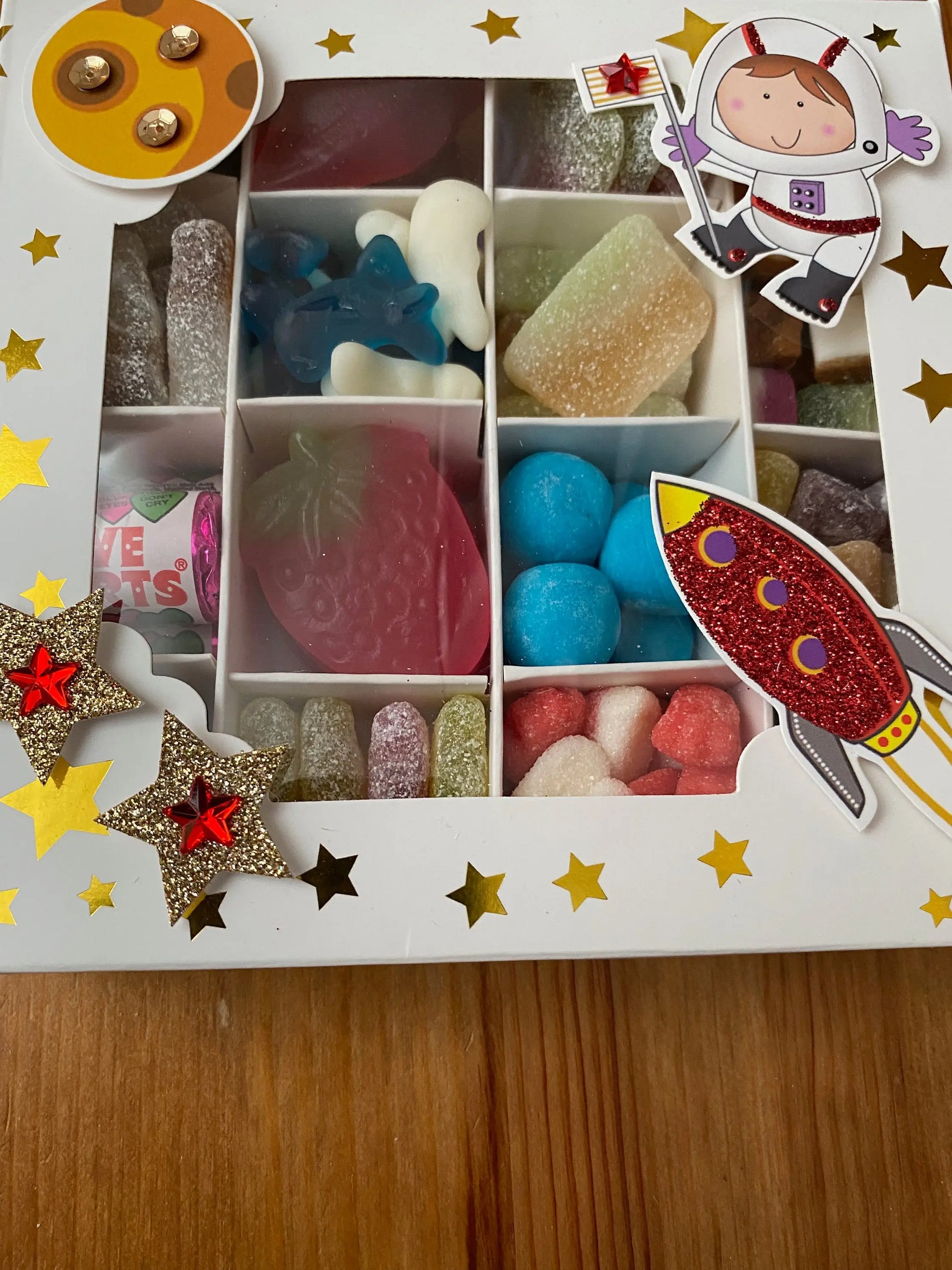 Outer space, Rockets decorative filled sweet box. 325g the sweet masters faire