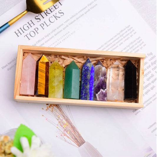 8 Pcs Healing Crystal Wand with Wooden Box - Spellbound