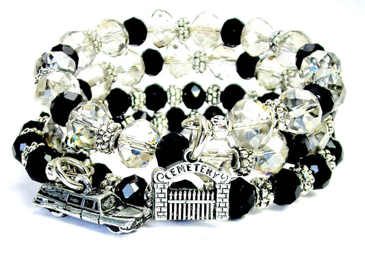 Cemetery gate and Hearse crystal wrap 2pc bracelet Horror - Spellbound