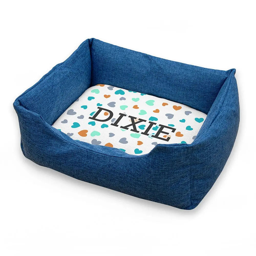 Personalised Blue Comfort Dog Bed with Hearts Design treat republic faire