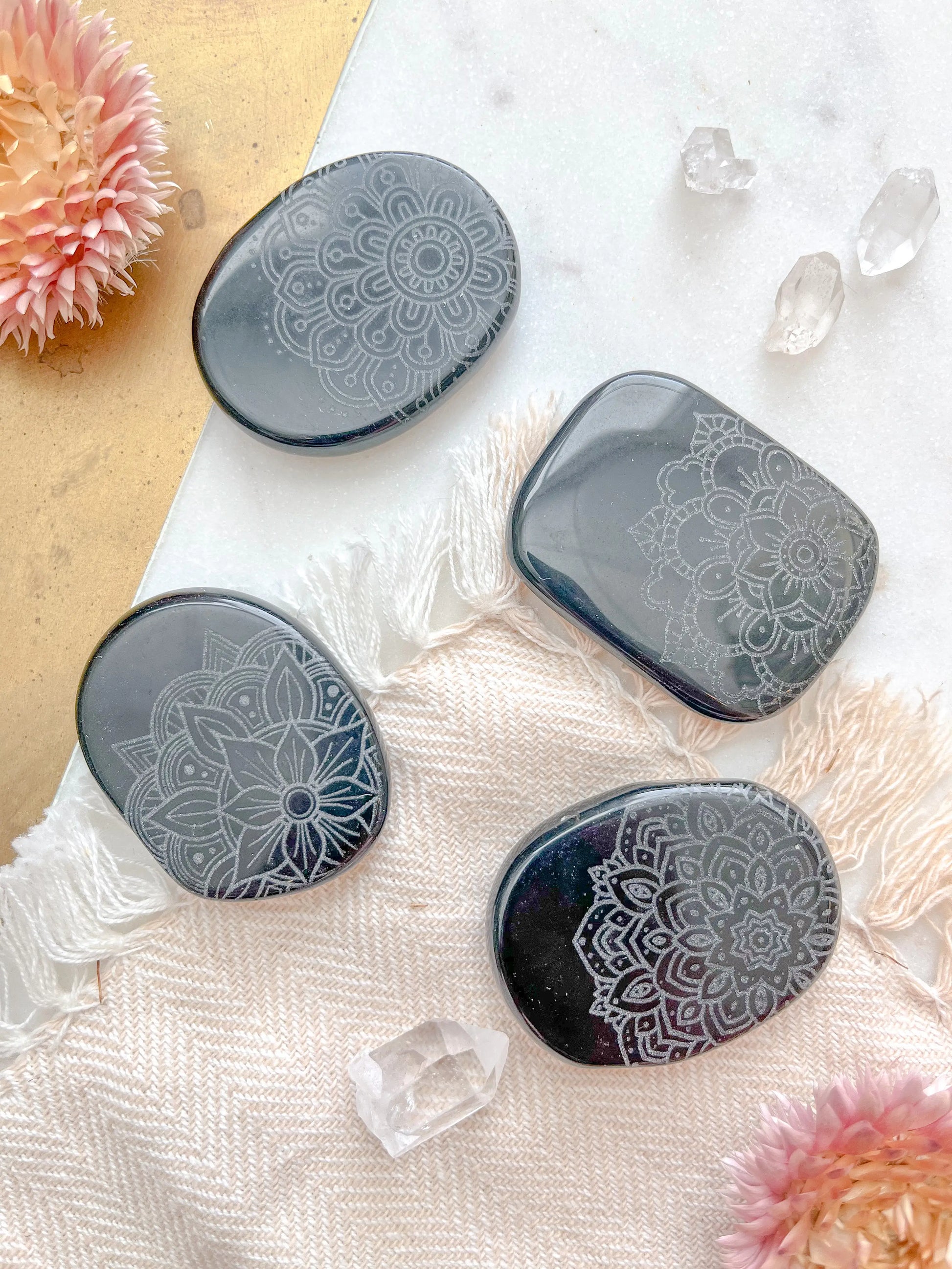 Etched Obsidian Smooth Pocket Stone - Assorted Mandalas fractalista designs faire