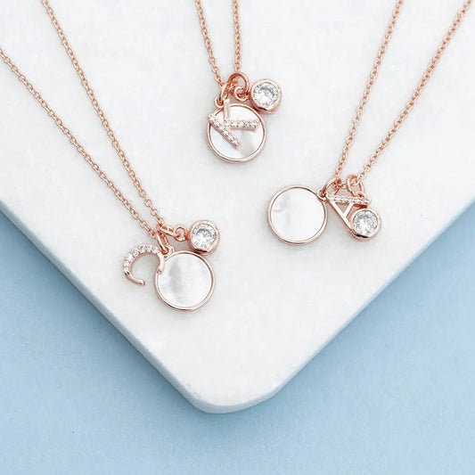 Rose Gold Initial Necklace with Mother of Pearl Charms - Spellbound