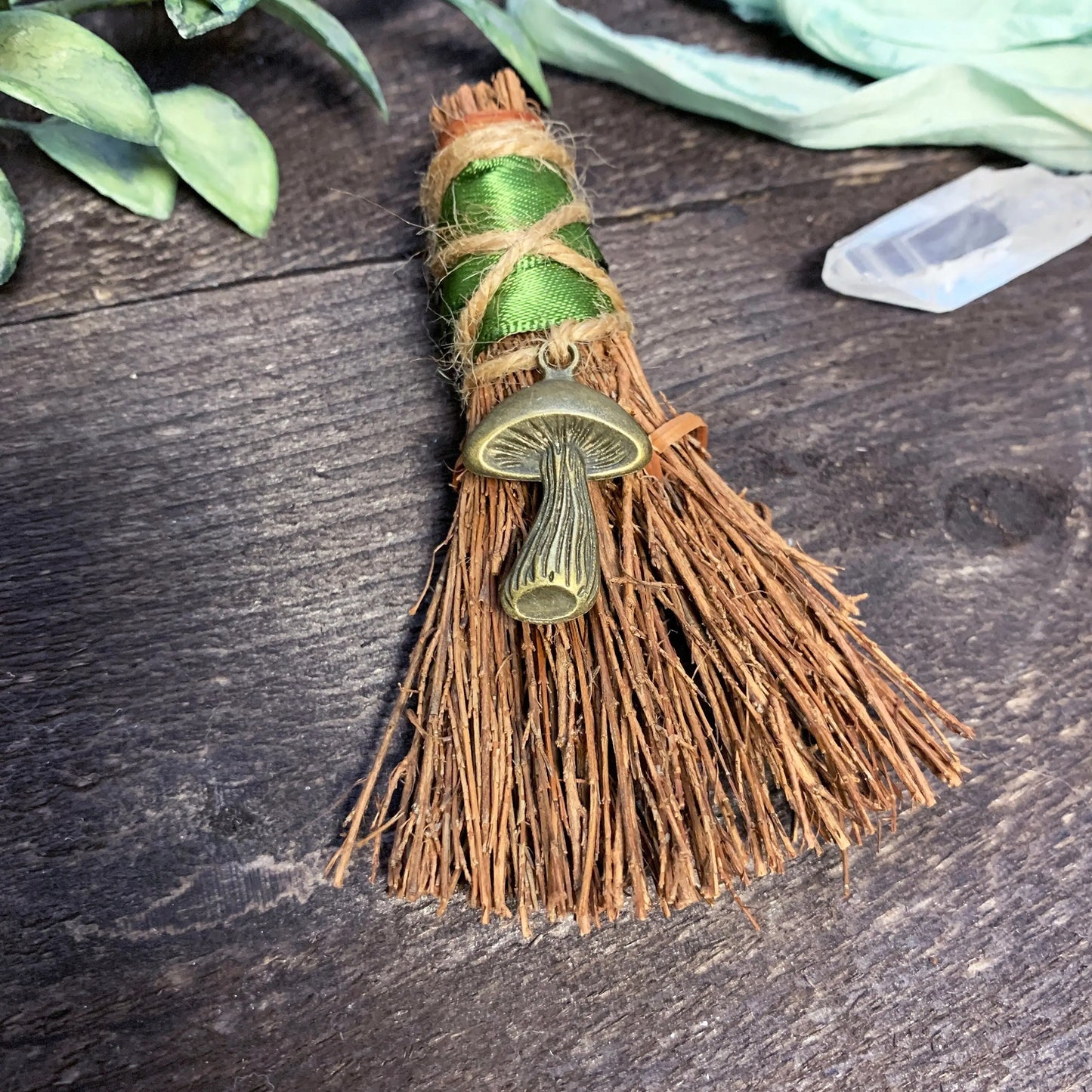 Green Witch Cottagecore Mini Besom Ornament | Green Witch | Forest Witch | Altar Broom | Witchy Decor | Witchcraft | Wicca | Mushroom Decor - Spellbound