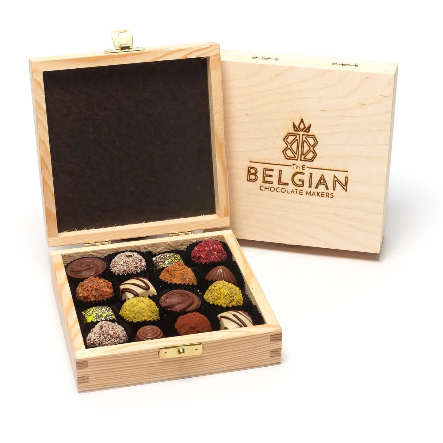 16 pralines and truffles in an engraved wooden box 260 Grs the Belgian chocolate makers faire