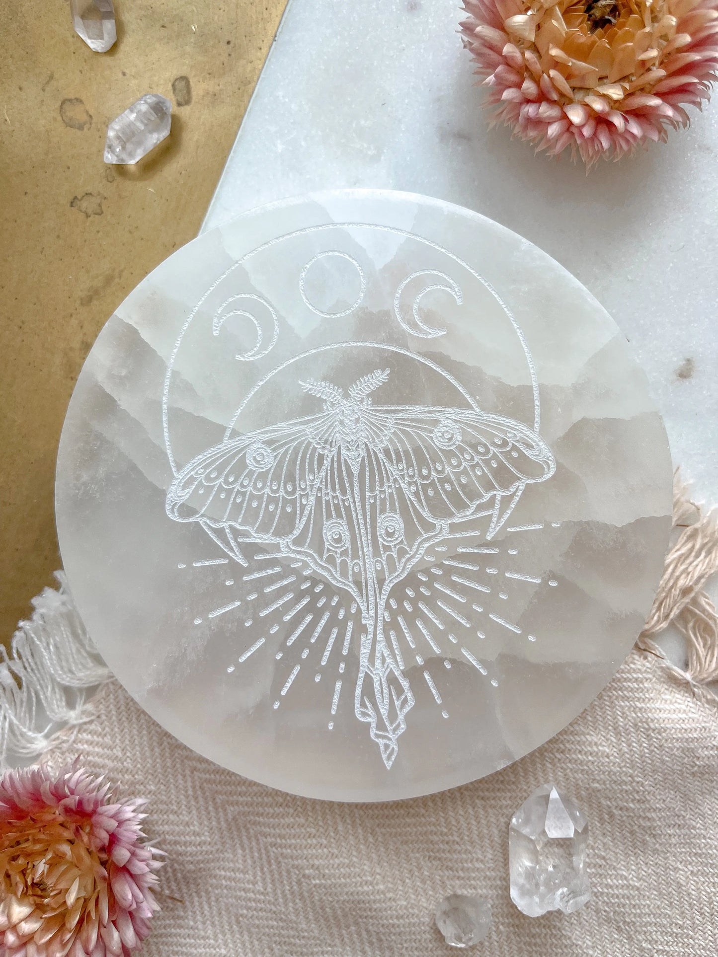 Mystic Luna Moth” Round Selenite Charging Disc fractalista designs faire
