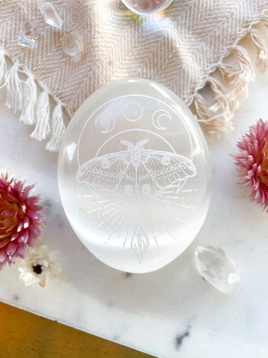 Etched Selenite Palmstone "Mystic Luna Moth" fractalista designs faire