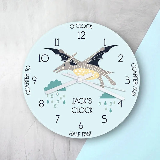 Personalised Kids Pterodactyl Glass Clock - Spellbound
