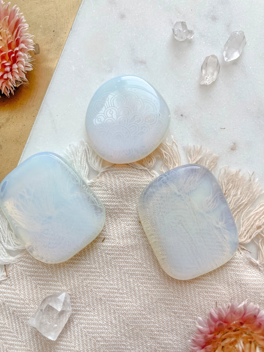 Etched Opalite Smooth Pocket Stone - Assorted Mandalas - Spellbound