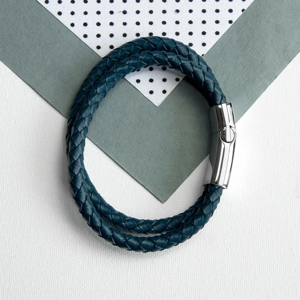 Personalised Men's Dual Leather Woven Bracelet in Teal - Spellbound
