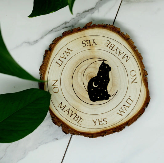 Natural wood cat + crescent moon pendulum board - Spellbound