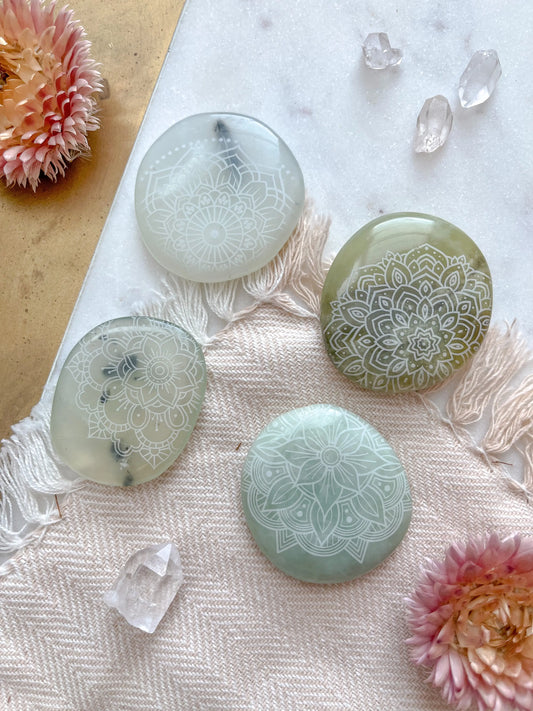 Etched Jade Smooth Pocket Stone - Assorted Mandalas fractalista designs faire