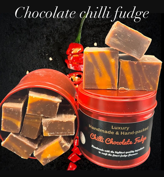 Chilli Chocolate fudge in flame red gift tin. 160g - Spellbound