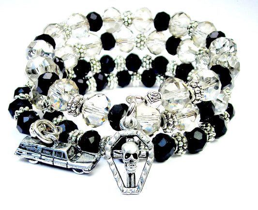 Coffin with skull Hearse crystal wrap 2pc bracelet Horror - Spellbound