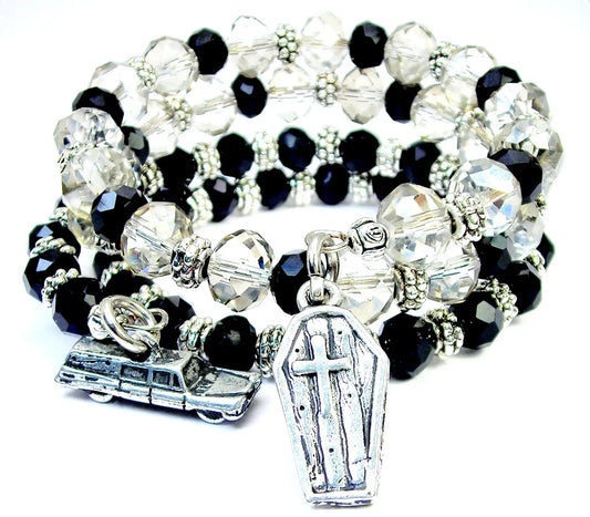 Coffin with cross & Hearse crystal wrap 2pc bracelet Horror - Spellbound