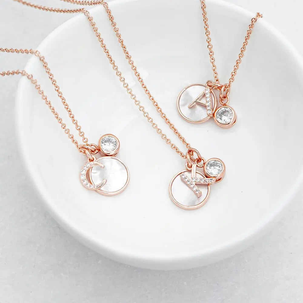 Rose Gold Initial Necklace with Mother of Pearl Charms - Spellbound