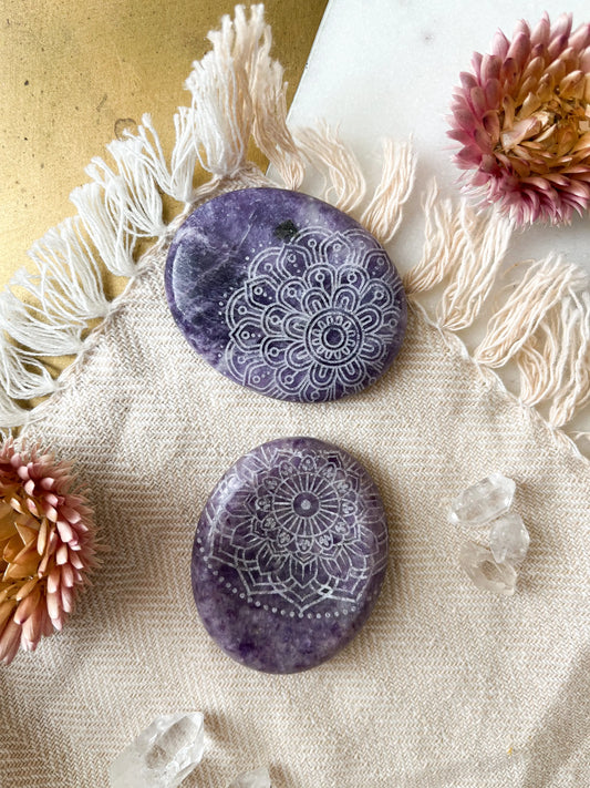 Etched Lepidolite Worry Stone - Assorted Mandalas - Spellbound