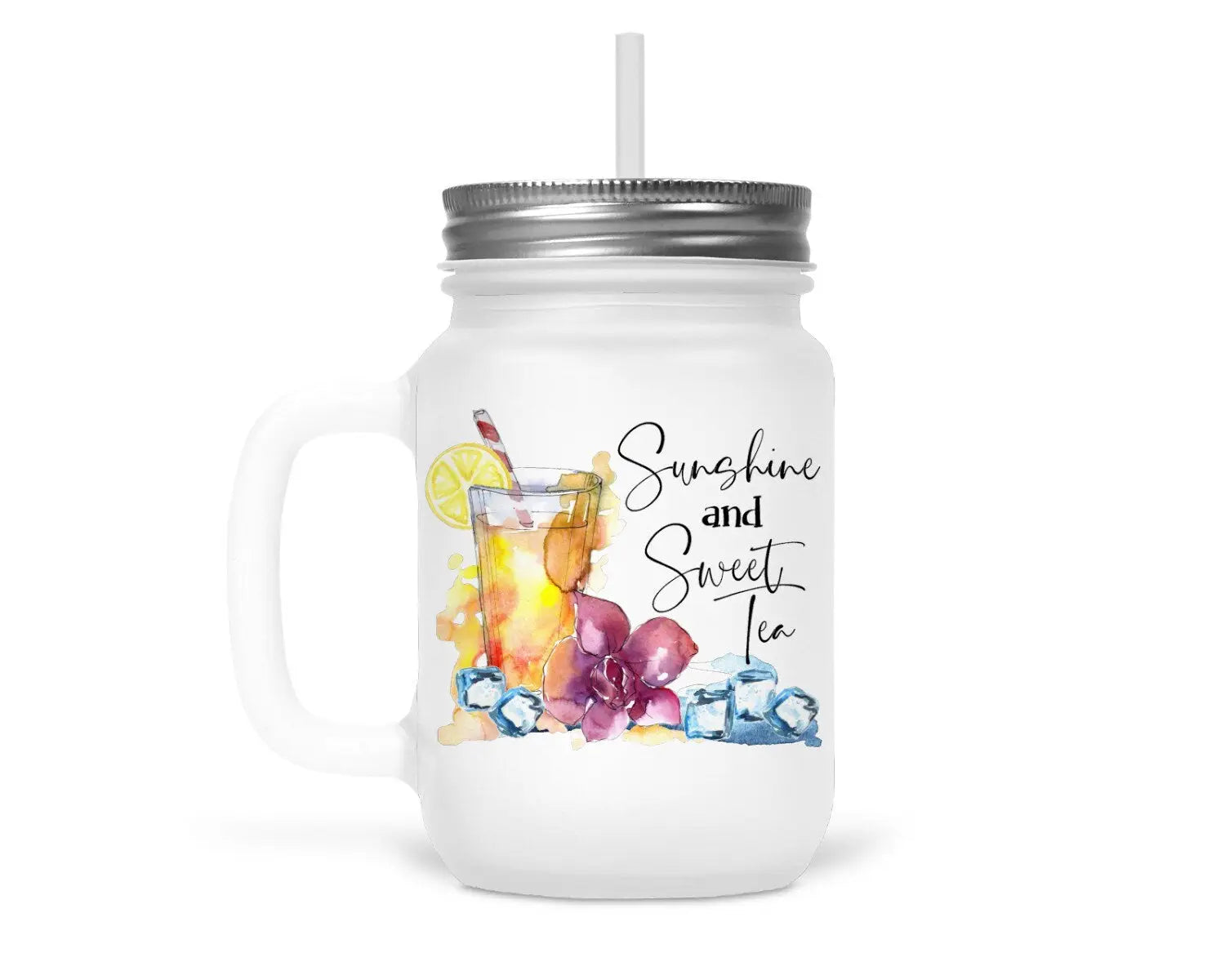 Sweet Tea and Sunshine Frosted Glass Mason Jar with Lid, 12 Ounce Glass Mason Drinking Jar w/ Lid & Straw, Faux Ice lid - Spellbound