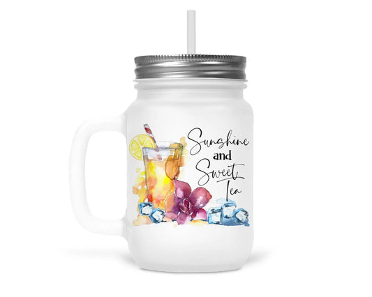 Sweet Tea and Sunshine Frosted Glass Mason Jar with Lid, 12 Ounce Glass Mason Drinking Jar w/ Lid & Straw, Faux Ice lid - Spellbound