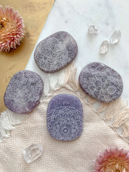 Etched Lepidolite Smooth Pocket Stone - Assorted Mandalas fractalista designs faire