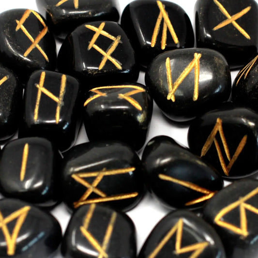 Runes Stone Set in Pouch - Black Agate ancient wisdom faire