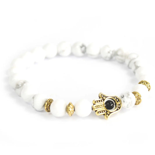 Boho-10 - Gold Hamsa / White Stone - Gemstone Bracelet ancient wisdom faire