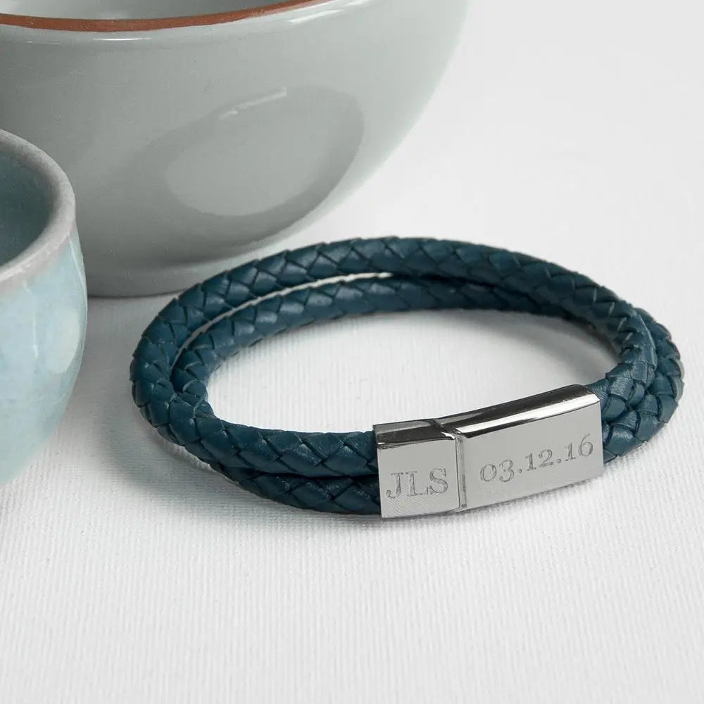 Personalised Men's Dual Leather Woven Bracelet in Teal - Spellbound