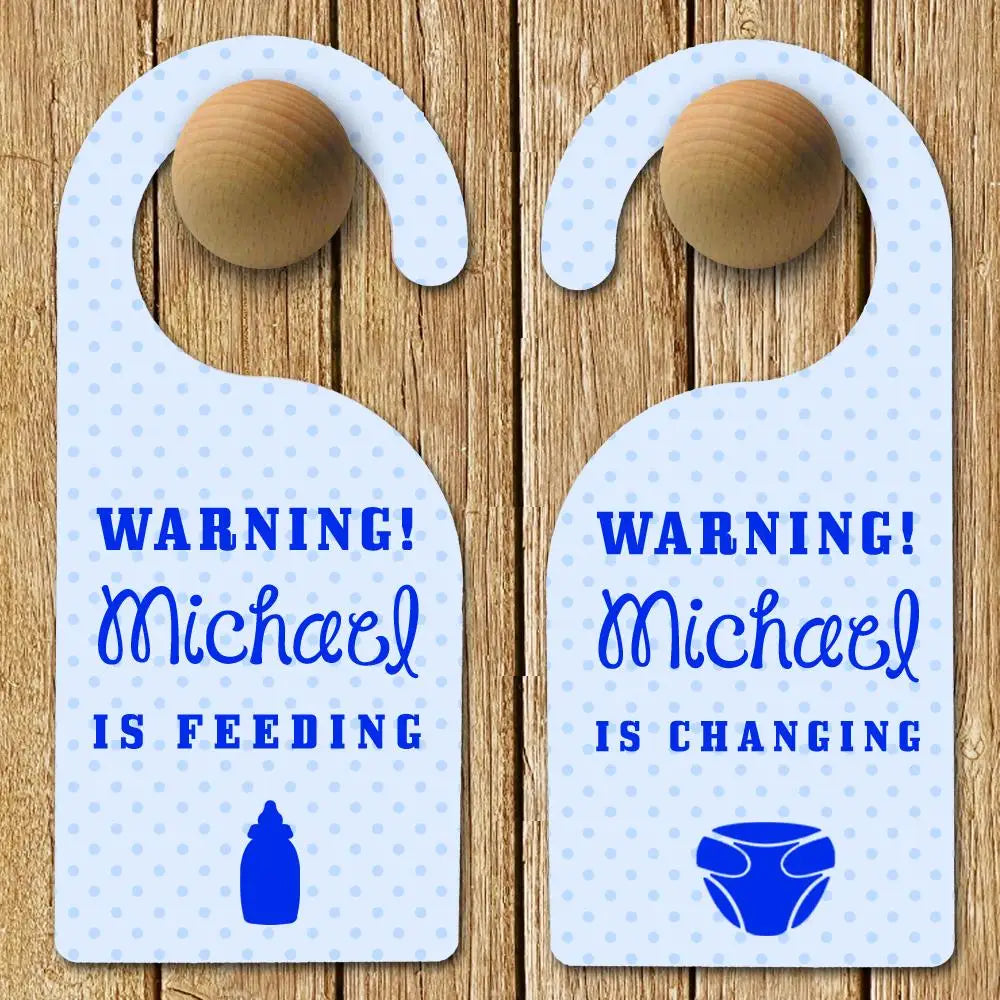 Personalised Baby Warning Door Hanger in Blue - Spellbound